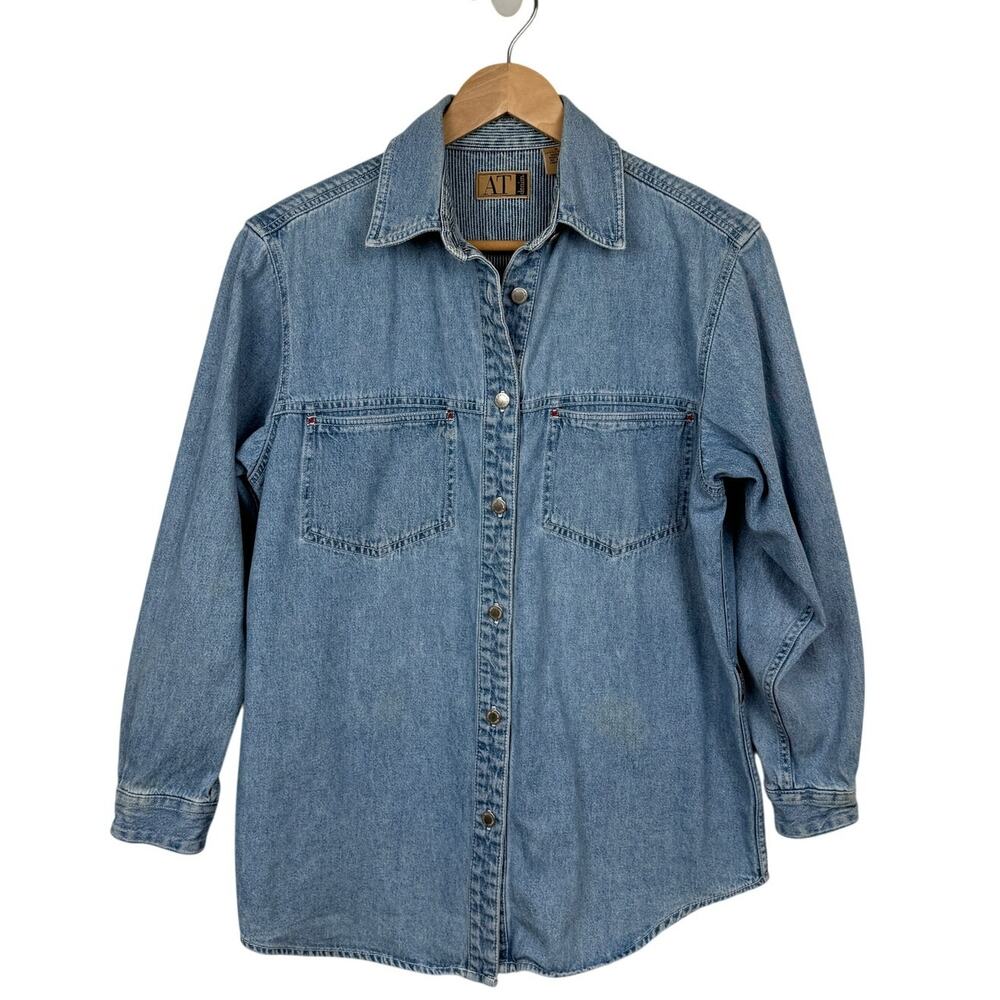 Vintage AT Denim Shirt Jacket 100% Cotton Light Wash Longline Small 90s Workwear